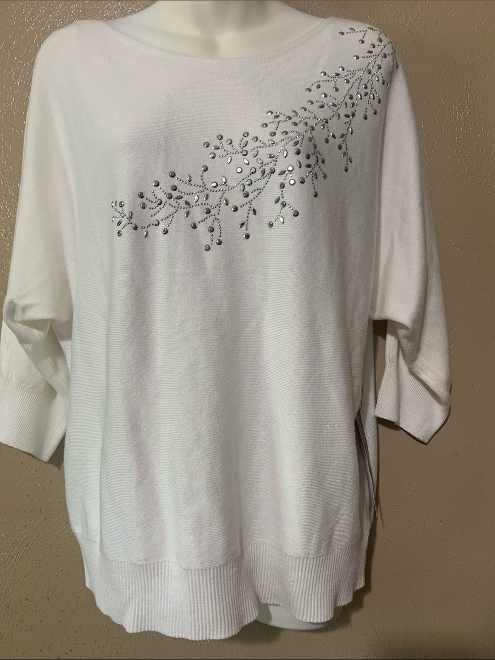 Love Scarlett XL White Boatneck Sweater with Silver Embellishments NWT